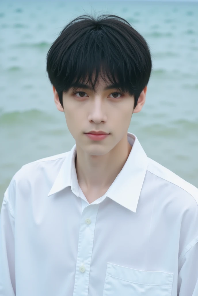  unique ,  1 boy,  male focus, shirt, Black Hair, white shirt,  actual , collared shirt,  upper body, water,  View audience , black eyes,  long sleeve, {{ocean}}, beach, Short hair, outdoor，Actively face the audience