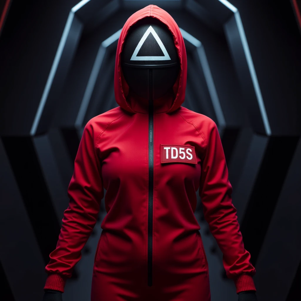  A young woman of athletic appearance with a streamlined and toned body ,  dressed in the red uniform of the soldiers of The Squid Game .  He wears the characteristic tight red jumpsuit with a red hood and a smooth black mask in the shape of a triangle that covers his entire face, with the letters TD5S ,   The Squid Game as the title of the photo His posture is firm and dominant , holding a symbolic weapon from the series .  The background shows a dark and futuristic setting with geometric shapes and intense colors ,  evoking the tension and mystery of the challenges in the series ."