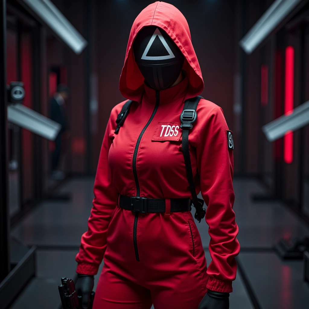  A young woman of athletic appearance with a streamlined and toned body ,  dressed in the red uniform of the soldiers of The Squid Game .  He wears the characteristic tight red jumpsuit with a red hood and a smooth black mask in the shape of a triangle that covers his entire face, with the letters TD5S ,   The Squid Game as the title of the photo His posture is firm and dominant , holding a symbolic weapon from the series .  The background shows a dark and futuristic setting with geometric shapes and intense colors ,  evoking the tension and mystery of the challenges in the series ."