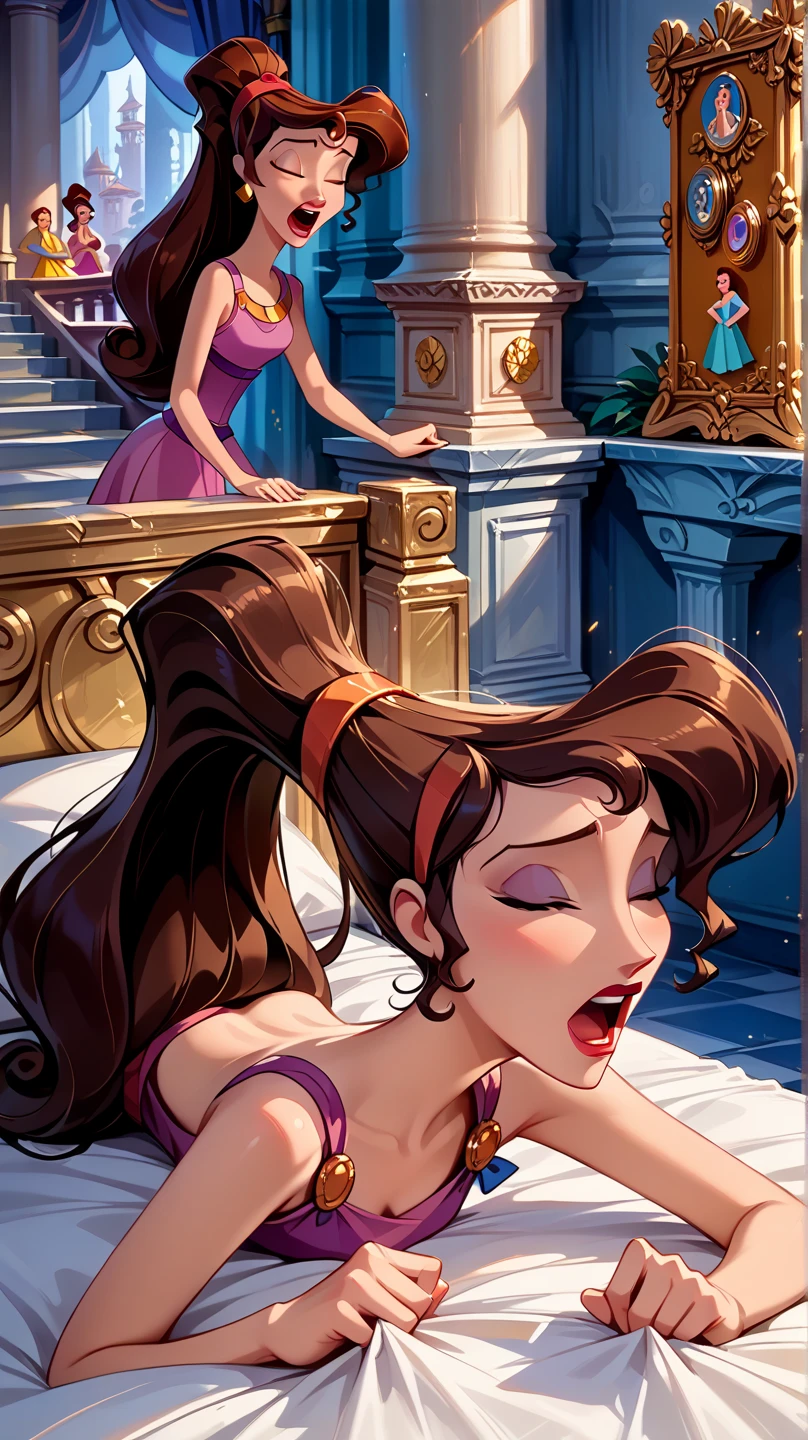 PonyXLV6_Scores ,source_anime, masterpiece,best quality, highly detailed, BREAK (Disney's Megara, porcelain skin, brown hair, closed eyes, open mouth, ponytail, headband, fair skin, smooth skin, barefoot, blue bow, ponytail:1.3), Disney 3D render, BREAK (elegant alcove :1.1), BREAK Megara fully naked, giving back,  bending down on bed, showing buttocks, pussy and baresoles,