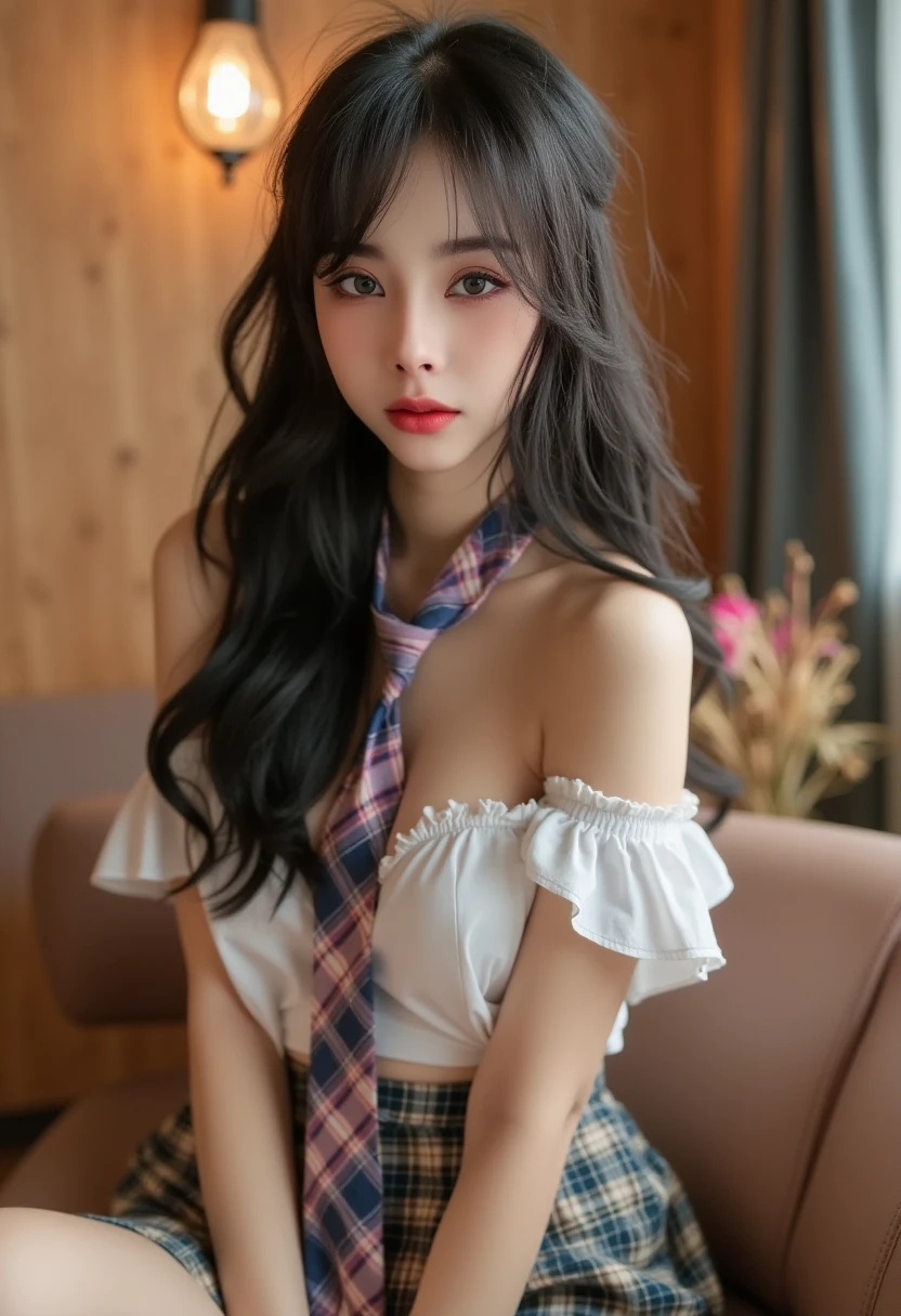 25-year-old Korean woman. 4K masterpiece details. Depth of field, clear focus, facial details. Light falls on her skin. Make her stand out (night light) natural breasts Tight white crop top shirt. Plaid necktie Short pleated plaid skirt, beautiful thighs, sitting in a sexy pose in the room, full body