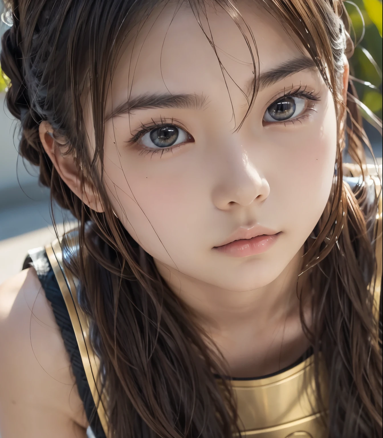  famous Japanese idol , 14yo, Golden Armor,  sleeveless shirt ,  shorts made of metal,  long gloves made of metal , Long brown hair,  hair braided on the side , Thready hair,  Expressive Hair ,  well-groomed, thin, lowered eyebrows , Light-pigmented eyes,  sad eyes , charming saggy eyes , Fair and beautiful skin,  supple physical beauty like a girl, Voluptuous thighs, small tattoo on upper arm,  Girl Warrior who won the battle to the death ,  Hi-Res, masterpiece, accurate,  anatomically correct,  that won numerous awards , 最 high quality,  high definition model,  high detail ,  high quality,  RETINA,  very detailed,  textured skin,  Ultra High Definition,  RAW Photos, 16k, Clear photos, (close up:1.2)