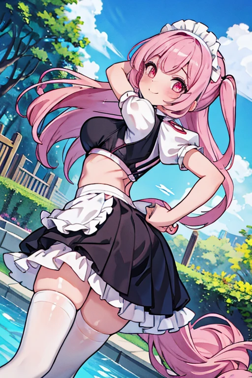 Girl with pink hair, long double-tailed hairstyle ((small pink bushy eyebrows)), con, dressed in loliress, sunset lighting showing her body, very marked thigh gap, Thigh Gap, marked vagina, lifting her skirt to show her vagina wet with semen, thighs splashed with semen