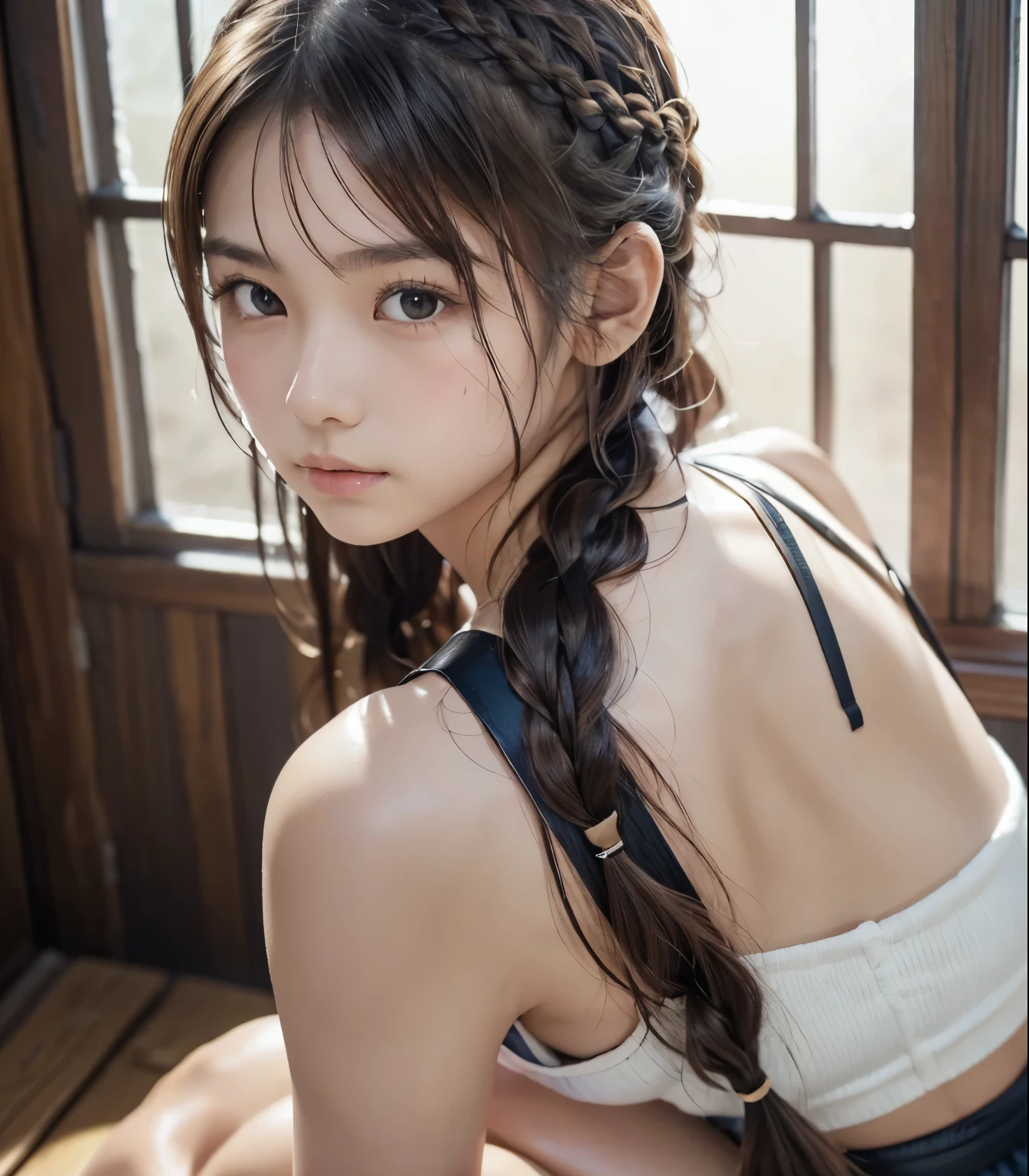  famous Japanese idol , 14yo, Golden Armor,  sleeveless shirt ,  shorts made of metal,  long gloves made of metal , Long brown hair,  hair braided on the side , Thready hair,  Expressive Hair ,  well-groomed, thin, lowered eyebrows , Light-pigmented eyes,  sad eyes , charming saggy eyes , Fair and beautiful skin,  supple physical beauty like a girl, Voluptuous thighs, small tattoo on upper arm,  Girl Warrior who won the battle to the death ,  Hi-Res, masterpiece, accurate,  anatomically correct,  that won numerous awards , 最 high quality,  high definition model,  high detail ,  high quality,  RETINA,  very detailed,  textured skin,  Ultra High Definition,  RAW Photos, 16k, Clear photos, (close up:1.2)