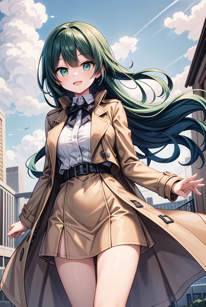  Beautiful and cute anime woman with green eyes,  dark blue hair, 18 years old, wearing a beige , large long unbuttoned trench coat , In the wind ,  smiles