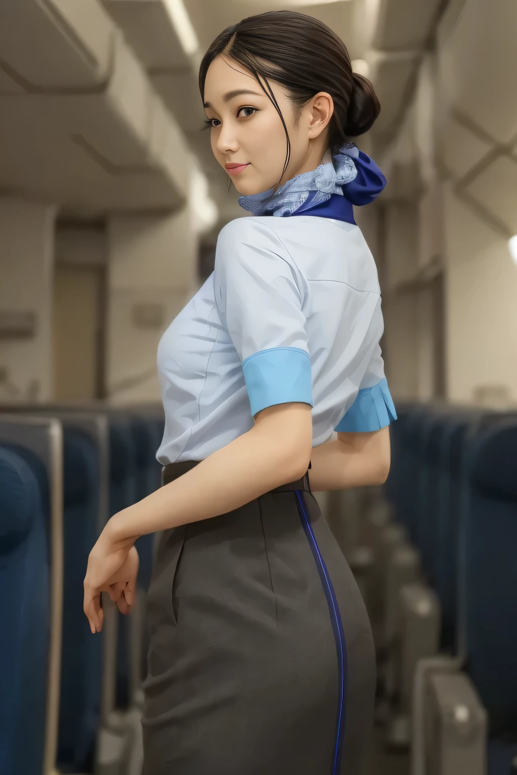 (masterpiece:1.2, top quality:1.2), 32kHDR,  high res 。  perfect for loosely aligning legs  , (alone、  1 girl)、（ Rooftop of a building during the day 、 Professional writing ）、  against the roof of a building  、（ANA cabincrew uniform blue wear 、 real style  ）、（（ ANA cabincrew uniform blue short sleeve blouse  、 ANA cabincrew uniform blueの後ろに青いラインが入ってるスカート、 Put a scarf around your neck ））、  dark brown hair  、（  Super Long Hair Wrap Hair、Braid Wrap Up Hair ）、  long hit 、Big Breasts、Thin legs、（（ Amazing hands  ：2.0）），（（  physique in harmony with the roof of a building  ：1.5）），（（ generally limbs：2.0）），（（generally ：2.0）），（（ Delicate eyes：2.0）），（（generally eyes ：2.0））)、 smile 、（  ANA cabincrew uniform blue figure showing beautiful back ）、 Put your hands down