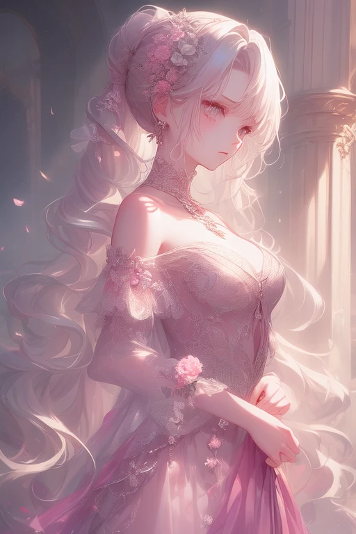 woman, Serious,  elegant ,   pink dress , Aristocratic, silver element, Long nails, Bare shoulders,  hairstyles at their best, hair up,  braids and ponytails, Messy, arrogant, absurdes, Detailed dress, Royalty, celebration,  flower-adorned hall ,  cowboy shot ,  Portrait, ( top quality ), (masterpiece), ( very detailed), (4K)