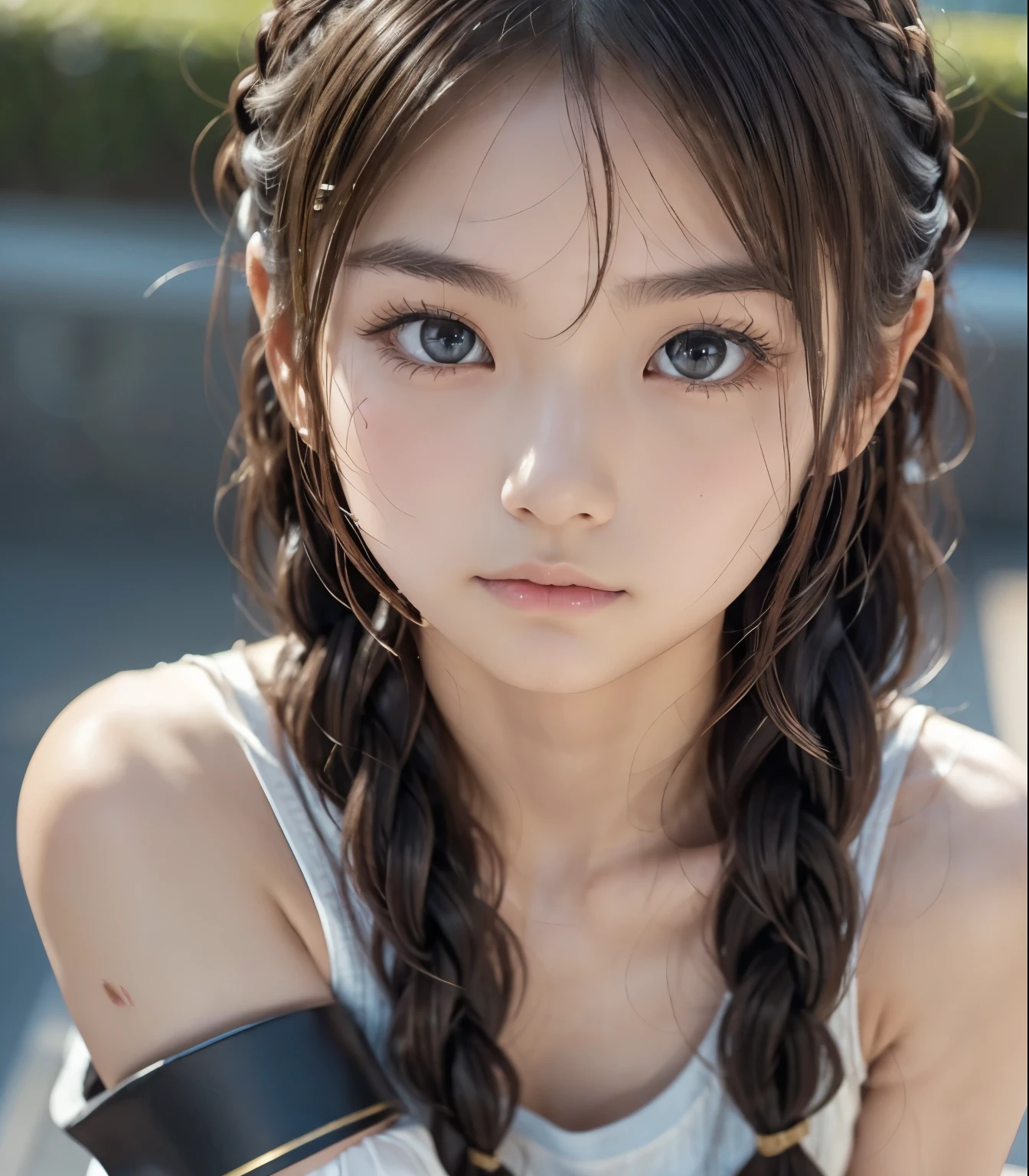  famous Japanese idol , yo, Golden Armor,  sleeveless shirt ,  shorts made of metal,  long gloves made of metal , Long brown hair,  hair braided on the side , Thready hair,  Expressive Hair ,  well-groomed, thin, lowered eyebrows , Light-pigmented eyes,  sad eyes , charming saggy eyes , Fair and beautiful skin,  supple physical beauty like a girl, Voluptuous thighs, small tattoo on upper arm,  Girl Warrior who won the battle to the death ,  Hi-Res, masterpiece, accurate,  anatomically correct,  that won numerous awards , 最 high quality,  high definition model,  high detail ,  high quality,  RETINA,  very detailed,  textured skin,  Ultra High Definition,  RAW Photos, 16k, Clear photos, (close up:1.2)