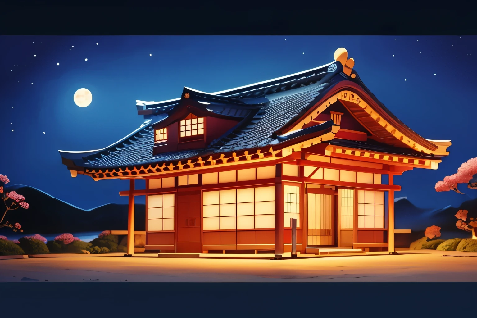 Japanese house painting under full moon,  Artwork inspired by Kano Hogai,  STORIES OF THE ART STATION , Ukiyo-e, Japanese art style, Japanese art, traditional Japanese art, old Japanese art, Japan at Night,  4k Highly Detailed Art , Japanese art art,  Animated Background Art , Highly detailed 4K art