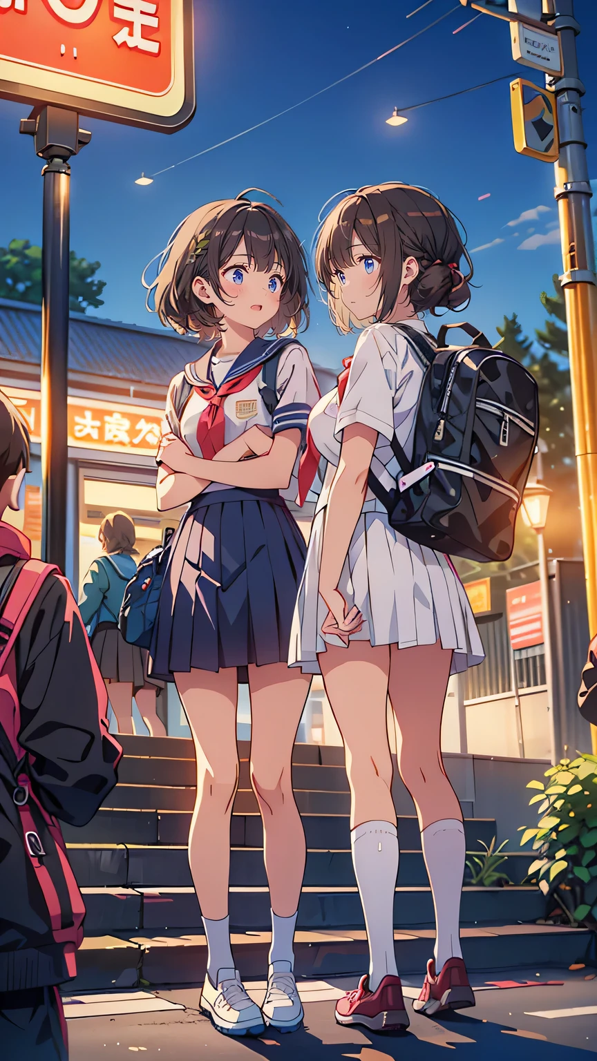  “A lively station area near a high school, illuminated by bright streetlights and the glow of shop signs. Students in uniforms walk in small groups, some with backpacks slung casually over one shoulder. A few linger near a vending machine or wait for their train, while others laugh and chat on the steps of a small café. The atmosphere is urban yet relaxed, capturing the energy of high schoolers winding down after a day of classes and club activities.”