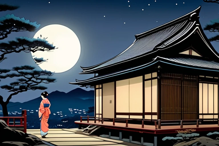 Japanese house painting under full moon,  Artwork inspired by Kano Hogai,  sexy Japanese and half Indian women who are talked about at art stations , Ukiyo-e, Japanese art style, Japanese art, traditional Japanese art, old Japanese art, Japan at Night,  4k Highly Detailed Art , Japanese art art,  Animated Background Art , Highly detailed 4K art