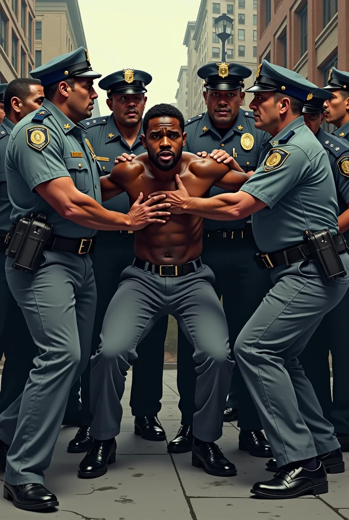 Strong uniformed police officer pointing a pistol at a thin man, muscular, mixed race bearded man, in voluminous white underwear and flip-flops, with their hands on their heads on a sidewalk full of people dressed.