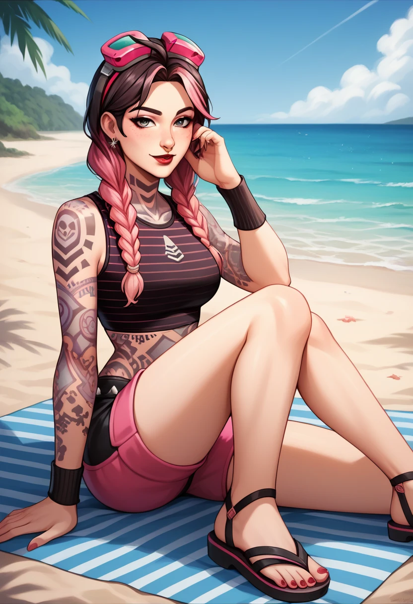 score_9, score_8_up, score_7_up, score_6_up, source_anime, BREAK masterpiece,  JulesBeach, twin braids, two-tone hair,  pink googles on head, full-body tattoo, striped crop top, gradient shorts, glossy red lips, nose ring, wristband, beach, hand on own chest, breasts, sitting, beach towel, looking at viewer, seductive smile, from side, adjusting hair, parted lips, sandals,