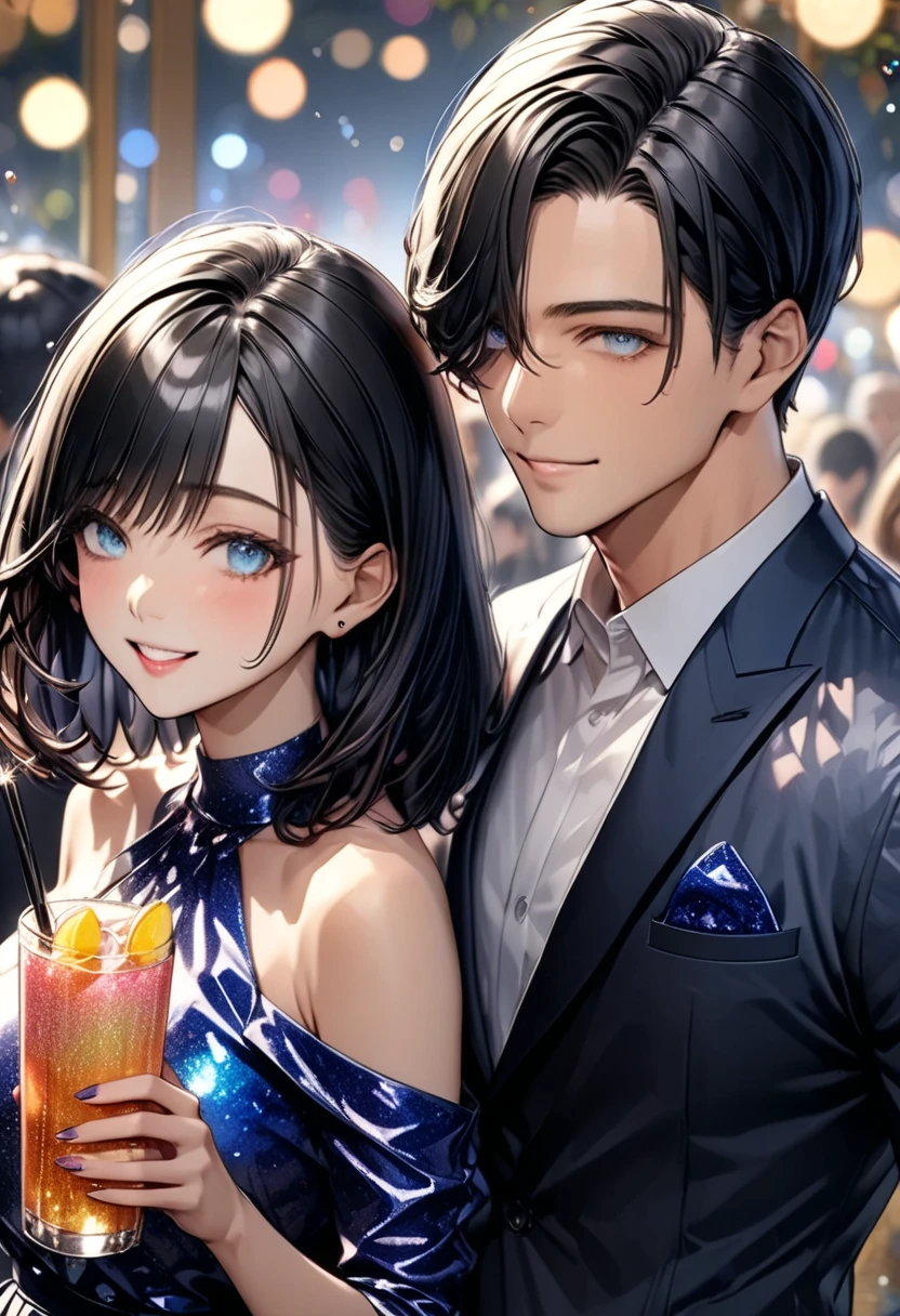 (masterpiece,  BEST ILLUSTRATION, super detailed ),Couple attending a lavish new year party ,  beautiful eyes , Soft drinks(( Glitter Effects  ,  background blur ))