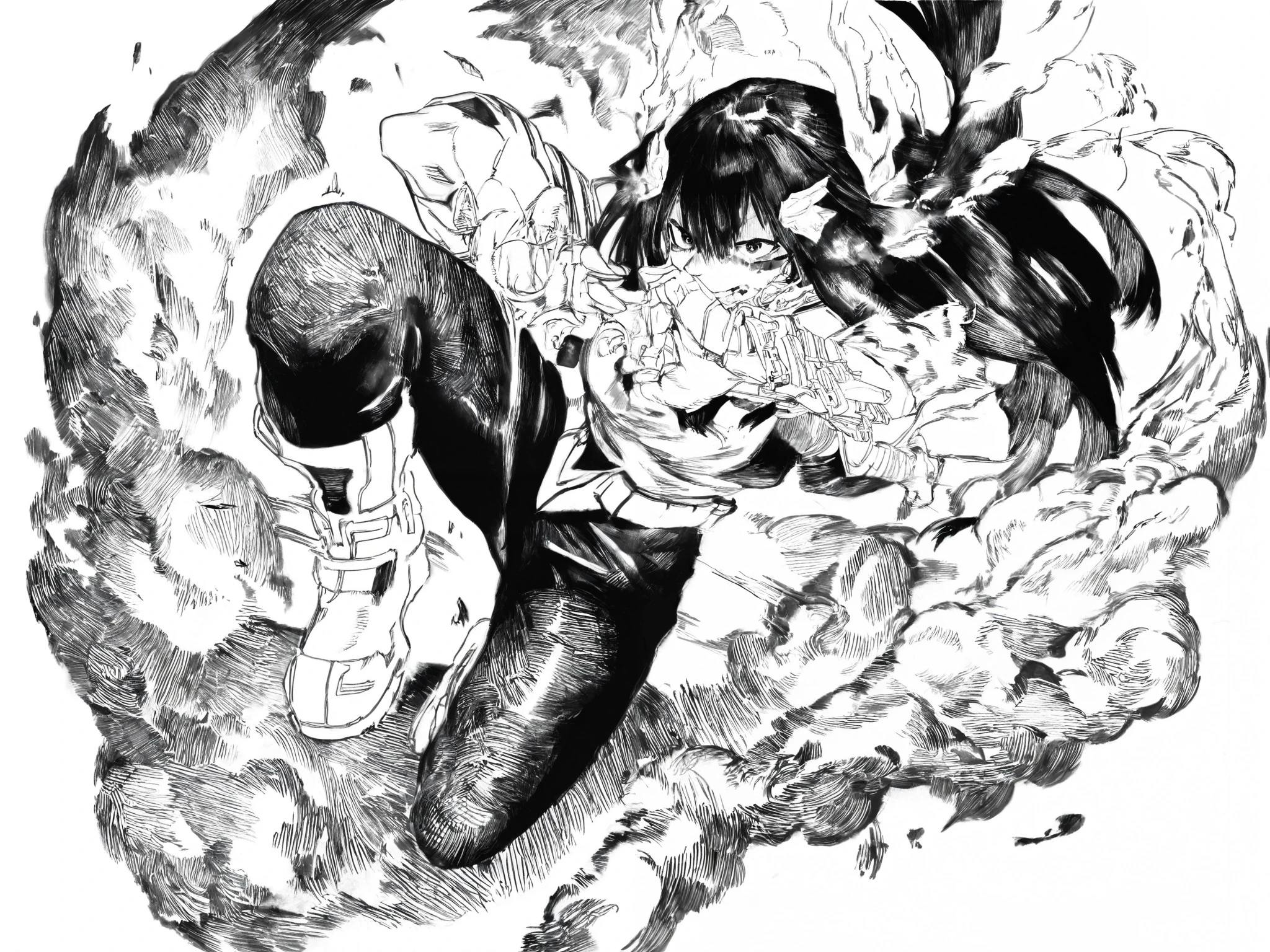 score_9, score_8_up, score_7_up, score_6_up, score_5_up, score_4_up, Kohei Horikoshi, My Hero Academia, kentaro_miura_style, monochrome, greyscale
BREAK
(masterpiece: 1.0), best quality, monochrome, greyscale, crosshatching, directional hatching, gradients in shading, perfection, highly detailed hatching /texture/, extremely shaded
BREAK
1girl, Asian, long detailed hair, dynamic pose, foreshortening, Tsuyu Asui, action pose, high angle, 