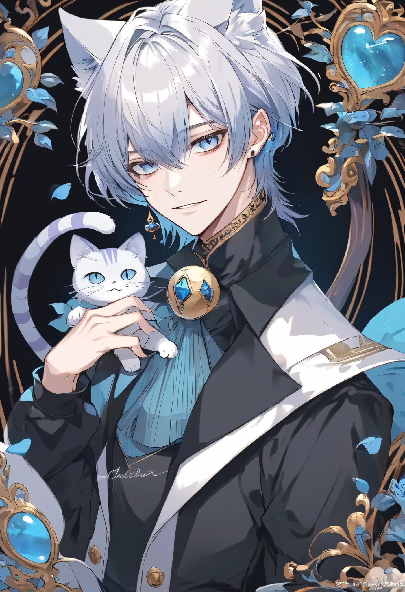 solo, handsome, 1 male, black coat, short hair, gray, blue eyes, fantasy clothing, Cheshire cat, alice in wonderland