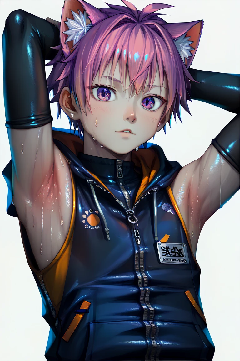 Sweat armpit, young boy, black sleeveless hoodie with zipper, showing armpit, sporty, short arm sleeve, sakura-color hair, purple eyes, detailed eyes, anime, cat ear, SDXL (1:2), detailed, HD