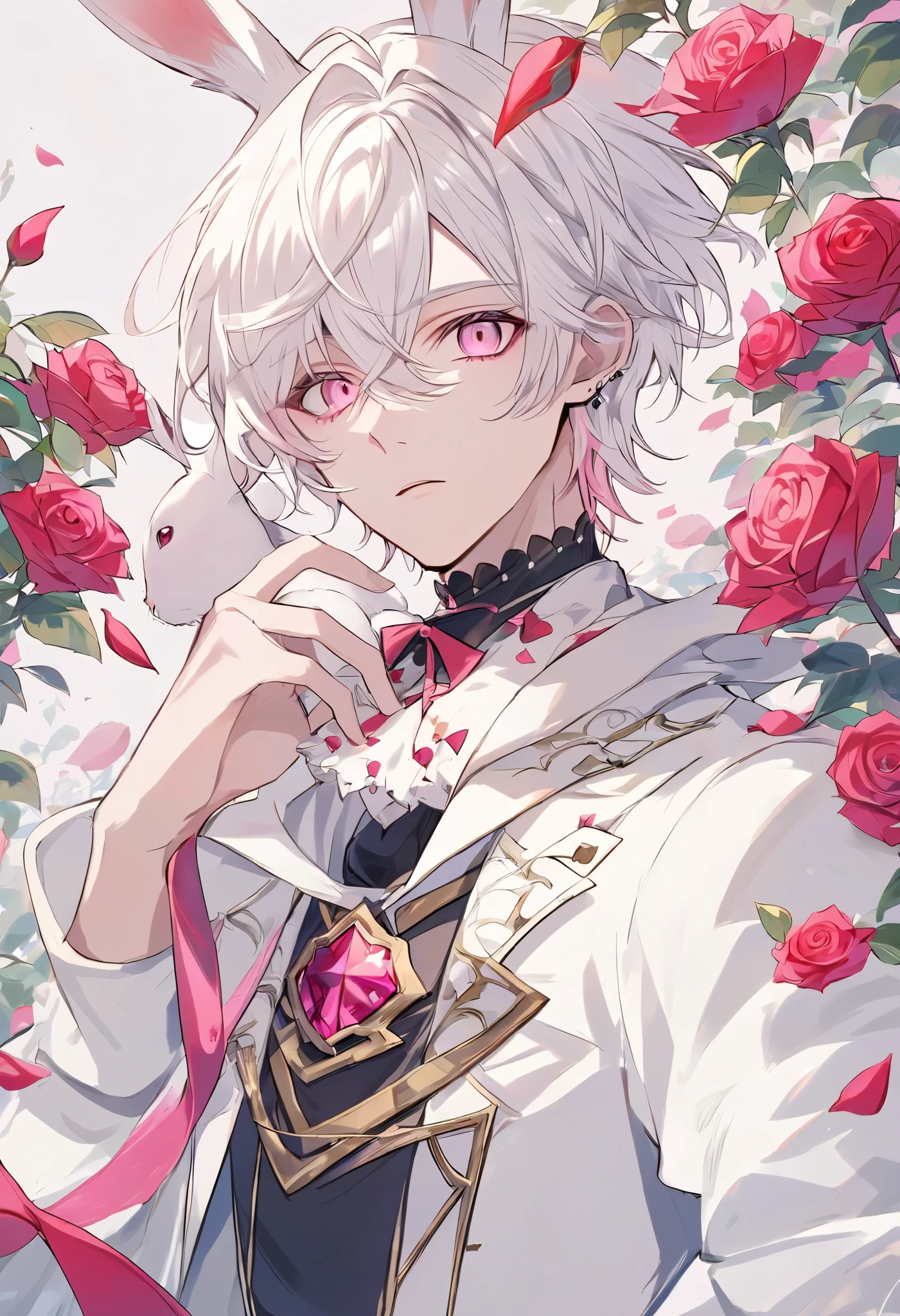 solo, handsome, 1 male, white coat, short hair, white hair, pink eyes, fantasy clothing, White rabbit, alice in wonderland