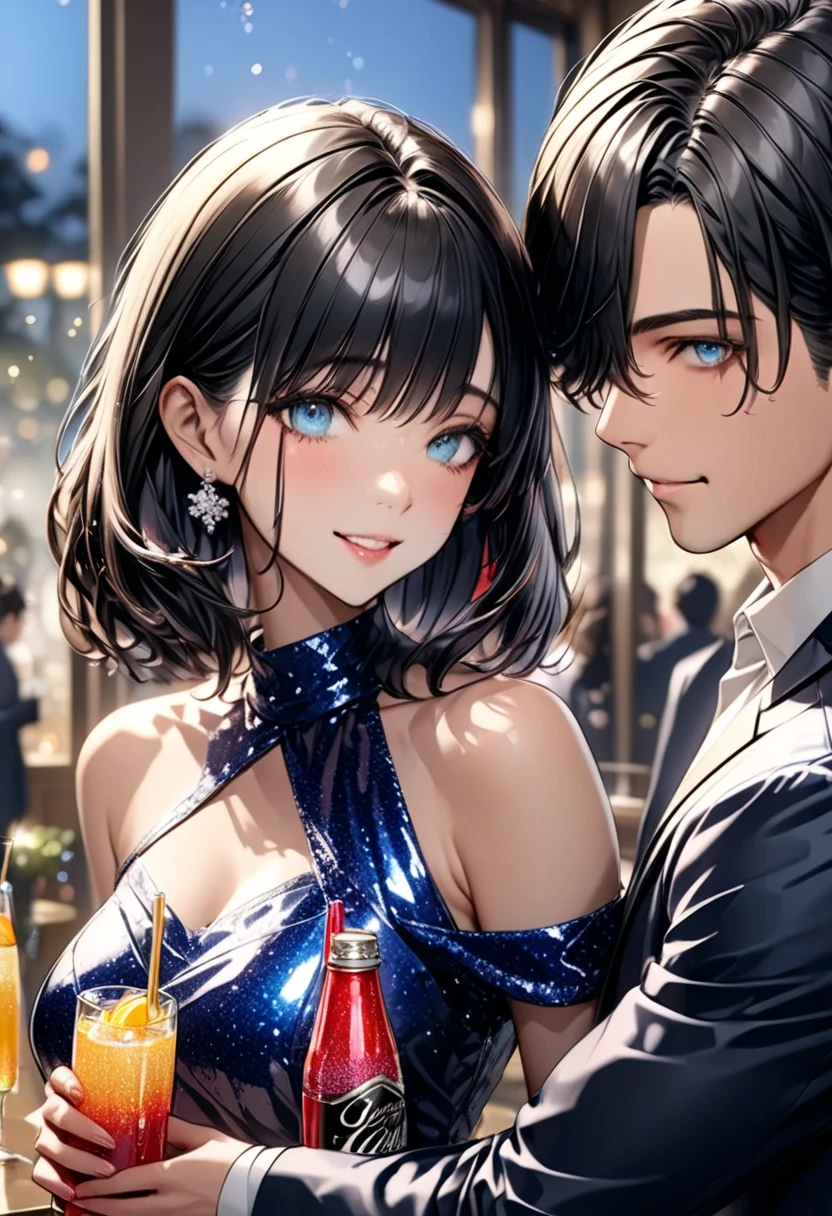 (masterpiece,  BEST ILLUSTRATION, super detailed ),Couple attending a lavish new year party ,  beautiful eyes , Soft drinks(( Glitter Effects  ,  background blur ))