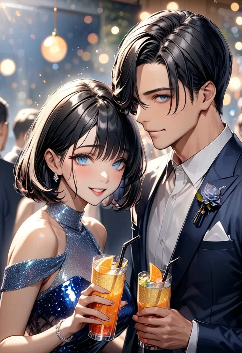 (masterpiece,  BEST ILLUSTRATION, super detailed ),Couple attending a lavish new year party ,  beautiful eyes , Soft drinks(( Glitter Effects  ,  background blur ))