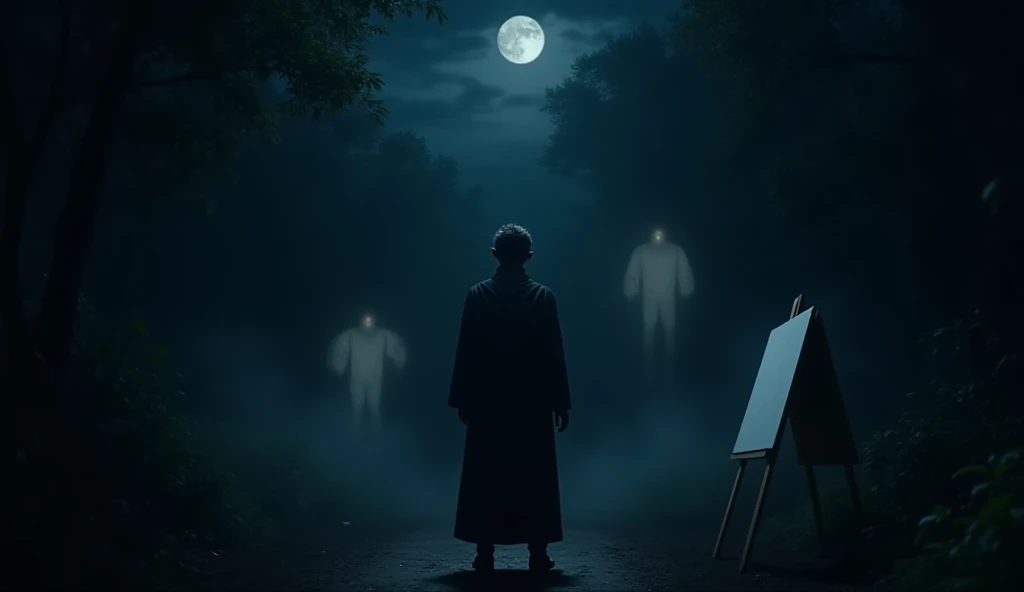 Man stands with his back to the picture, with a black coat towards someone. Behind the man there are four spirits who help him. To defeat another man