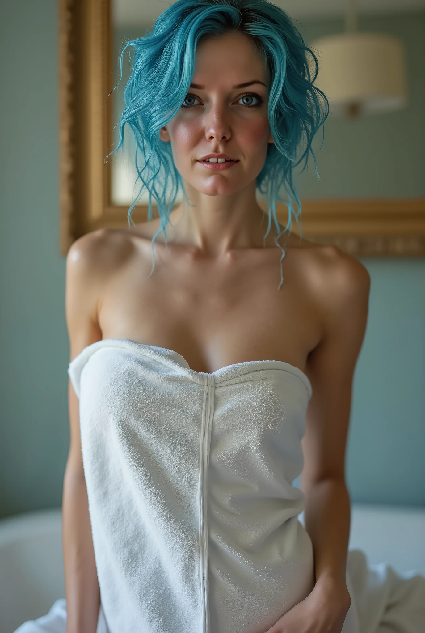 (( full body photo )) an extremely hot woman with light blue hair , She is slim and trained and she is getting ready for New Year's Eve in her apartment . You can see her fresh out of the dry with soaking wet hair where the water is still running down and she is wearing a towel that she has wrapped around her.((You can tell that she is still wet )) (towel)