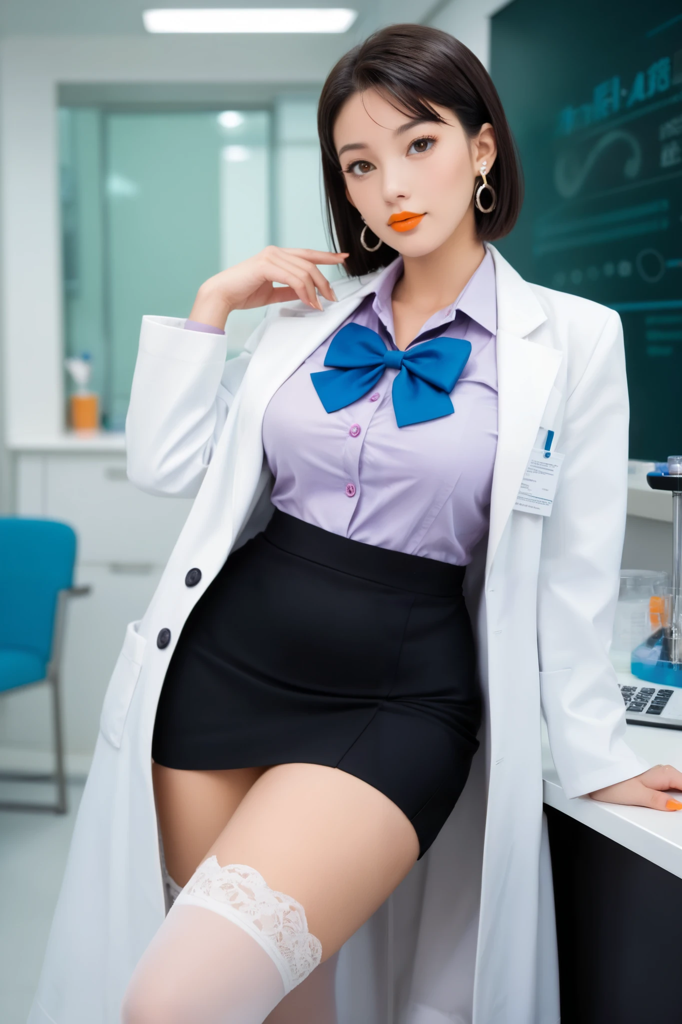 Minase Yukiko, 1 curvy girl,
only
short hair, yellow eyes, orange lipstick, long earrings,
lab coat, lab coat, blue bow tie, low cut purple undershirt, black skirt, mini skirt, cut out neckline, white stockings, white garter bel