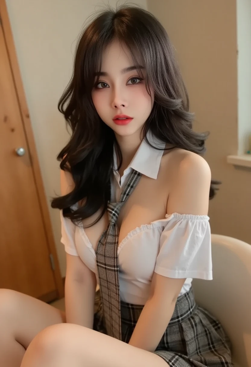 25-year-old Korean girl, 4K masterpiece details, deep focus, clear focus, face details, light hits her skin, makes her stand out (night light), natural breasts, tight white shirt, plaid tie, short pleated plaid skirt, beautiful thighs, sitting in a sexy pose, in the room, full body