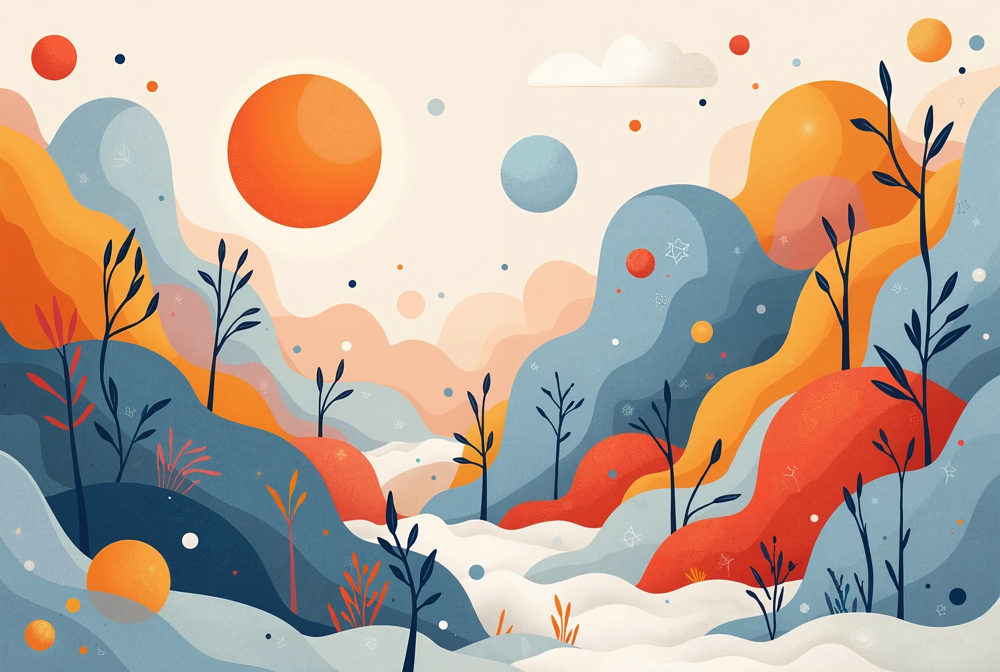 There is a picture of a colorful landscape with trees and oranges ...