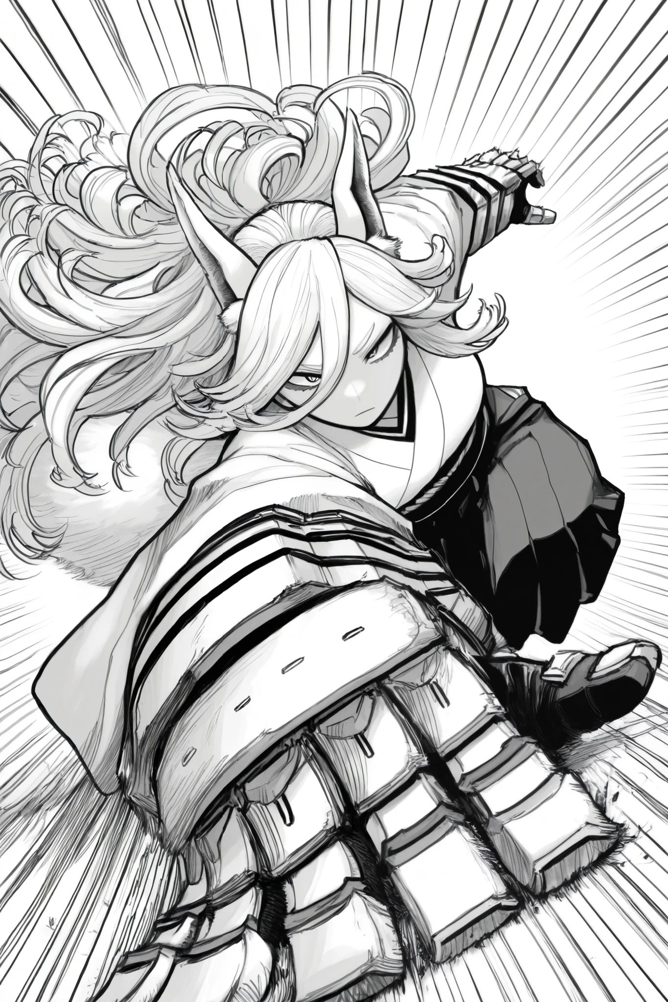 score_9, score_8_up, score_7_up, score_6_up, score_5_up, score_4_up, Kohei Horikoshi, My Hero Academia, kentaro_miura_style, monochrome, greyscale
BREAK
(masterpiece: 1.0), best quality, monochrome, greyscale, crosshatching, directional hatching, gradients in shading, perfection, highly detailed hatching /texture/, extremely shaded
BREAK
1girl, Asian, long detailed hair, dynamic pose, foreshortening, sharp finned gauntlets, kimono, kitsune, fox ears, fox tail, action pose, high angle,