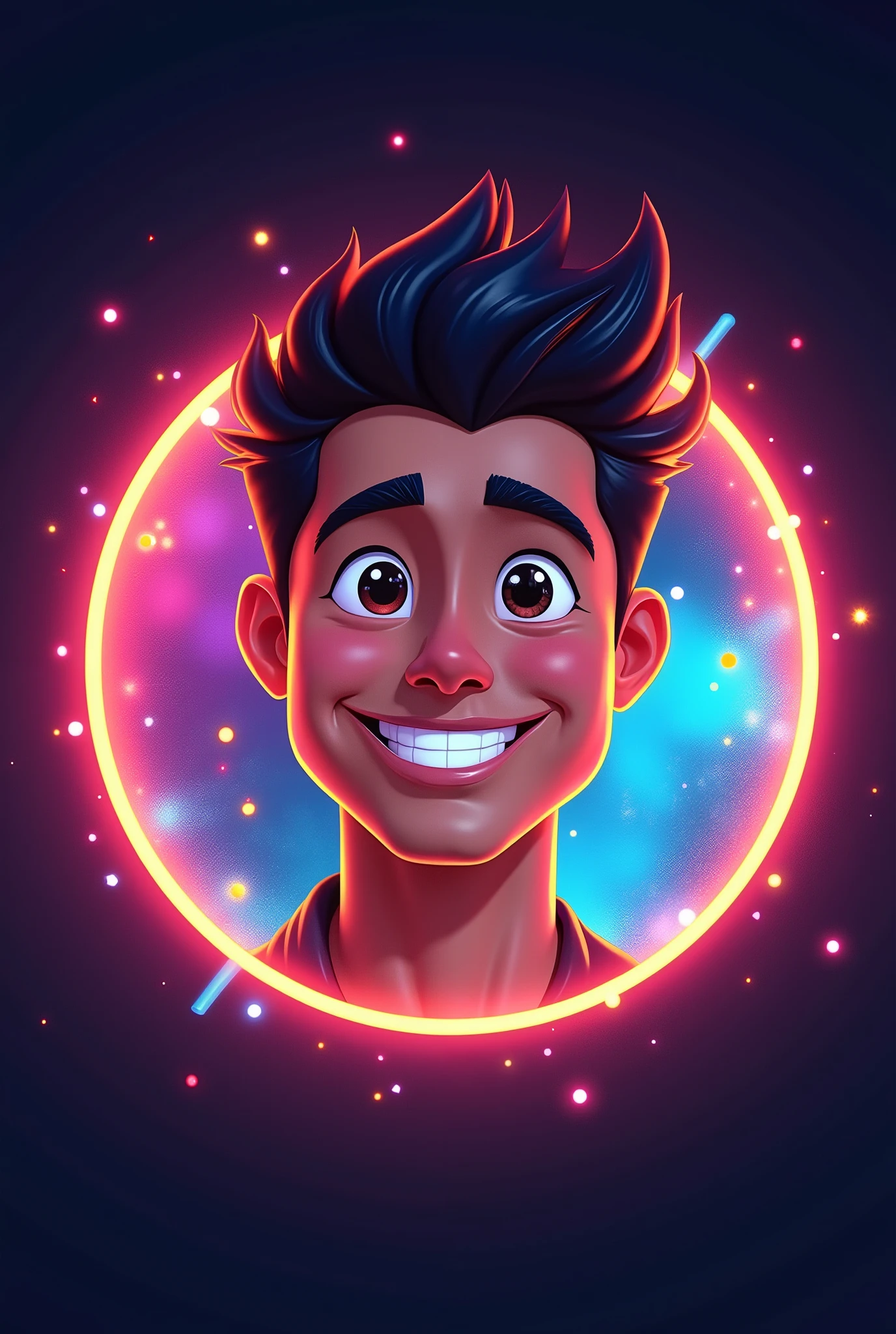 "A highly detailed logo featuring a smiling cartoon-styled human face with vibrant, lifelike features, enclosed within a sleek circular frame. The face is enhanced with a 3D glow effect for a modern and dynamic look. The background inside the circle is visually attractive, with vibrant abstract patterns or gradients that complement the glowing face. The circular frame is clean and bold, adding a professional touch, perfect for use as a profile picture for social media, YouTube, or vlogging branding."