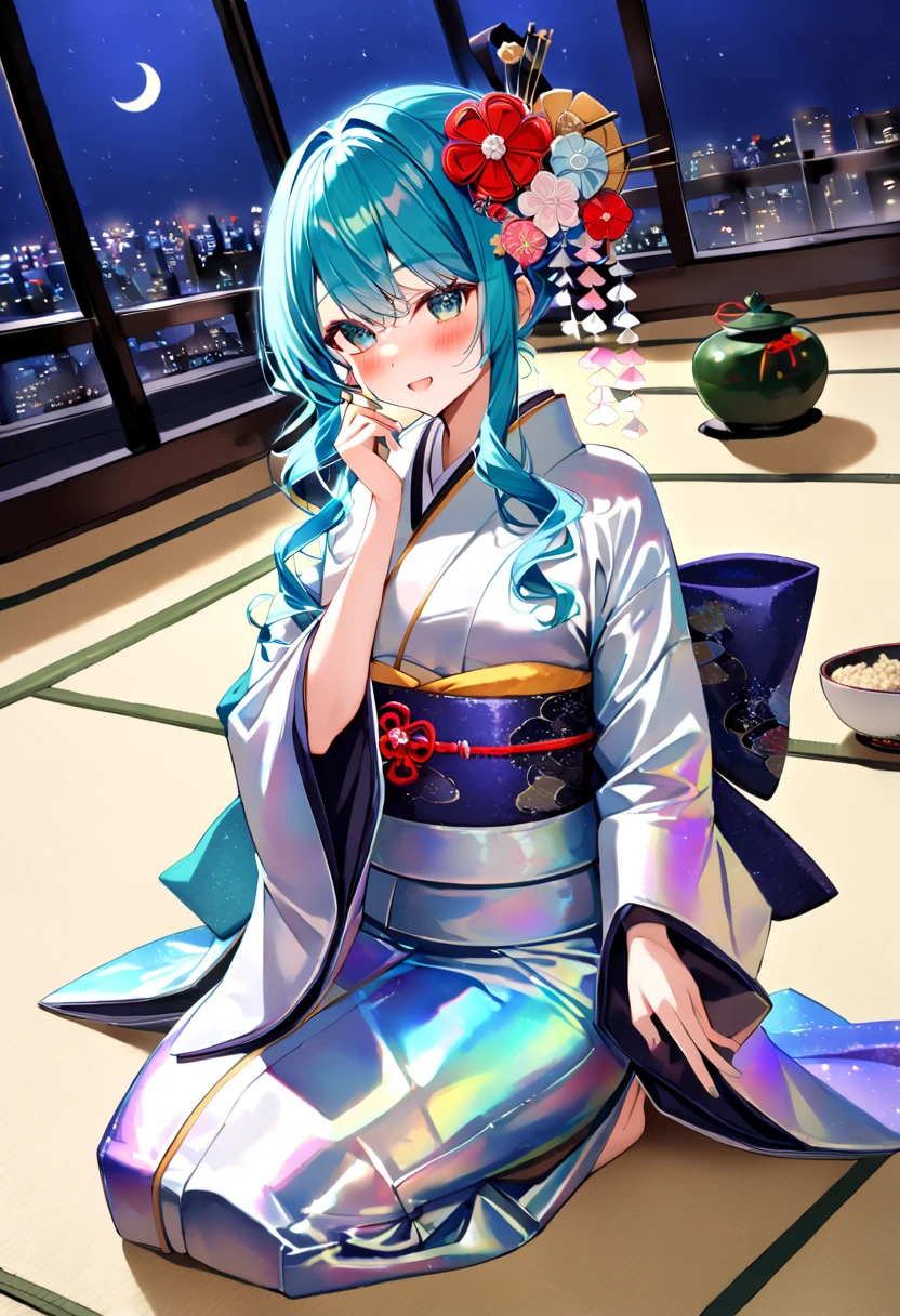 (hatsune miku:1.2), (blush:1.4), (iridescent kimono, wide sleeves:1.4), (kanzashi, japanese hairpin:1.4), (seiza:1.4), (New Year's Eve party:1.4), (luxurious penthouse, indoor rooftop japanese style room, tatami:1.4), (midnight:1.4), 