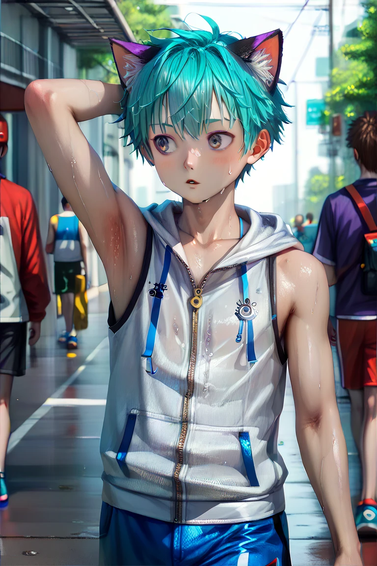 Sweat armpit, walking, young boy, white sleeveless hoodie with zipper, showing armpit, sporty, cyan hair, dark purple eyes, detailed eyes, anime, cat ear, SDXL (1:2), detailed, HD