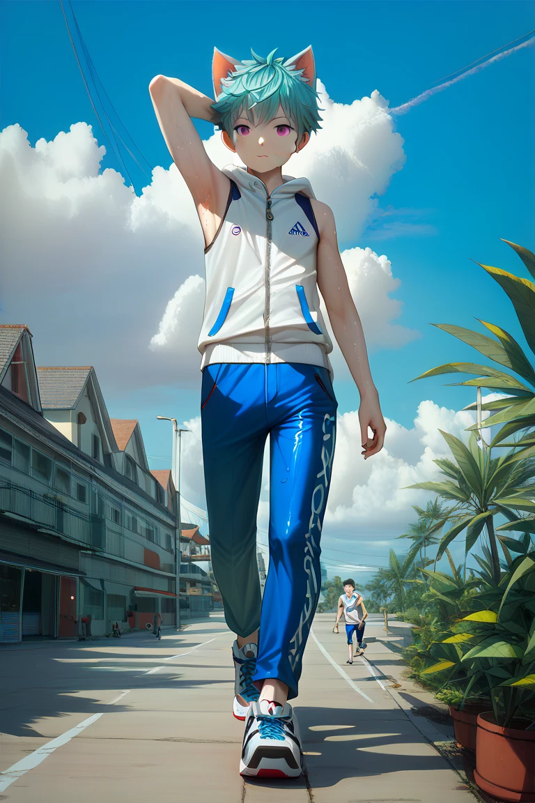 Sweat armpit, full body, walking, young boy, white sleeveless hoodie with zipper, showing armpit, sporty, cyan hair, dark purple eyes, detailed eyes, short sky blue pants, anime, cat ear, SDXL (1:2), detailed, HD