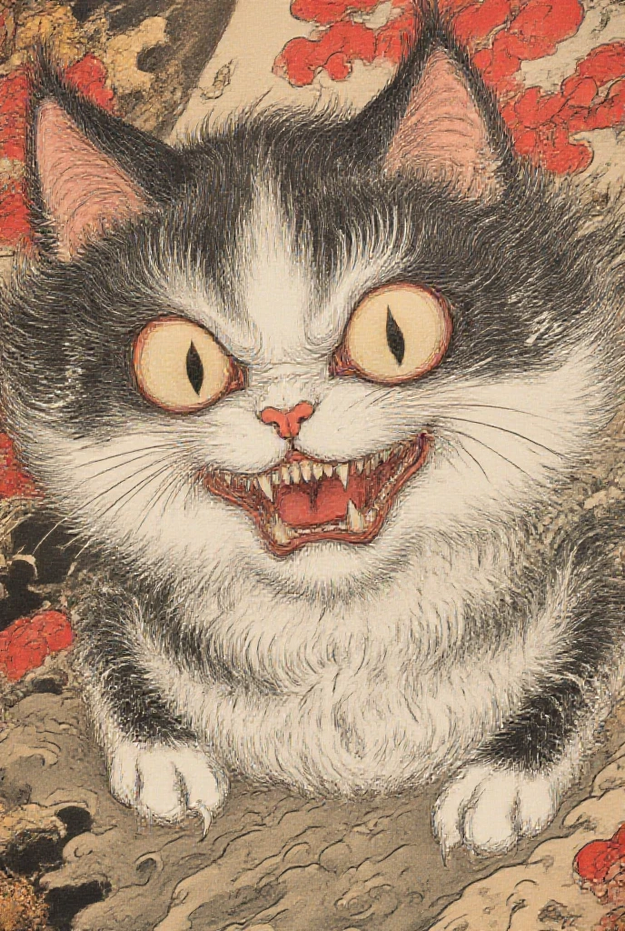 Quirky, super surreal character by Gabriel Pacheco, fluffy fat cat, cute big round gawky eyes, grinning mischievous smile, cat sitting upright among Japanese, kadomatsu and red plum blossoms, Japanese New Year, grateful, unique, masterpiece, fun, funny, strange world, super detailed, precise, ukiyoe, colorful, doodle, ren's drawing, funny, super surreal, amusing