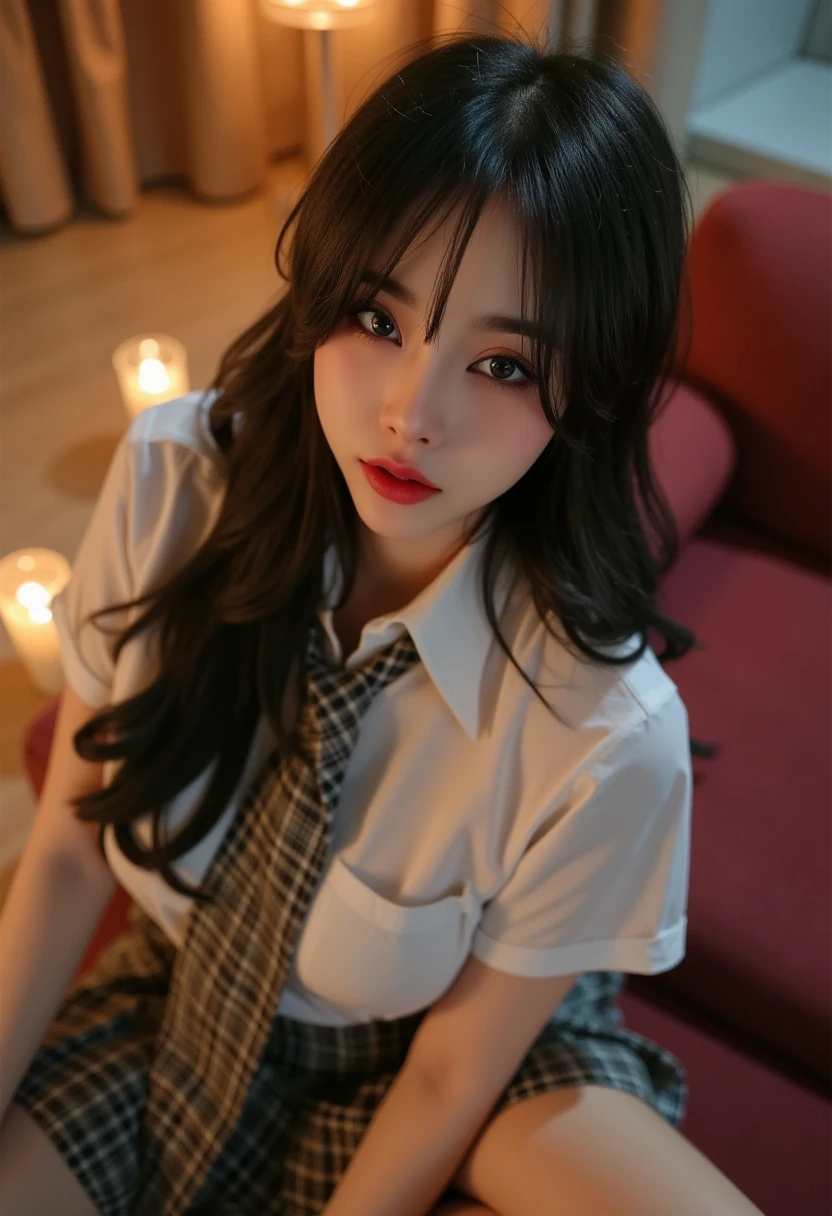 25 year old Korean girl, 4K masterpiece details, deep focus, clear focus, face details, light hits her skin making her stand out (night light), natural breasts, white tight shirt, plaid tie, plaid short pleated skirt, beautiful thighs, sitting in a sexy pose on a sofa, shot from above, full body.