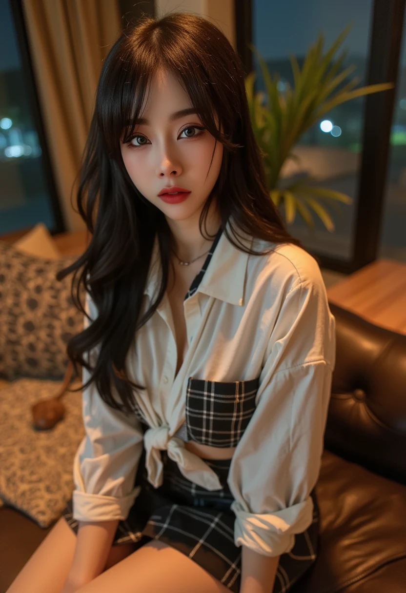 25 year old Korean girl, 4K masterpiece details, deep focus, clear focus, face details, light hits her skin making her stand out (night light), natural breasts, white tight shirt, plaid tie, plaid short pleated skirt, beautiful thighs, sitting in a sexy pose on a sofa, shot from above, full body.