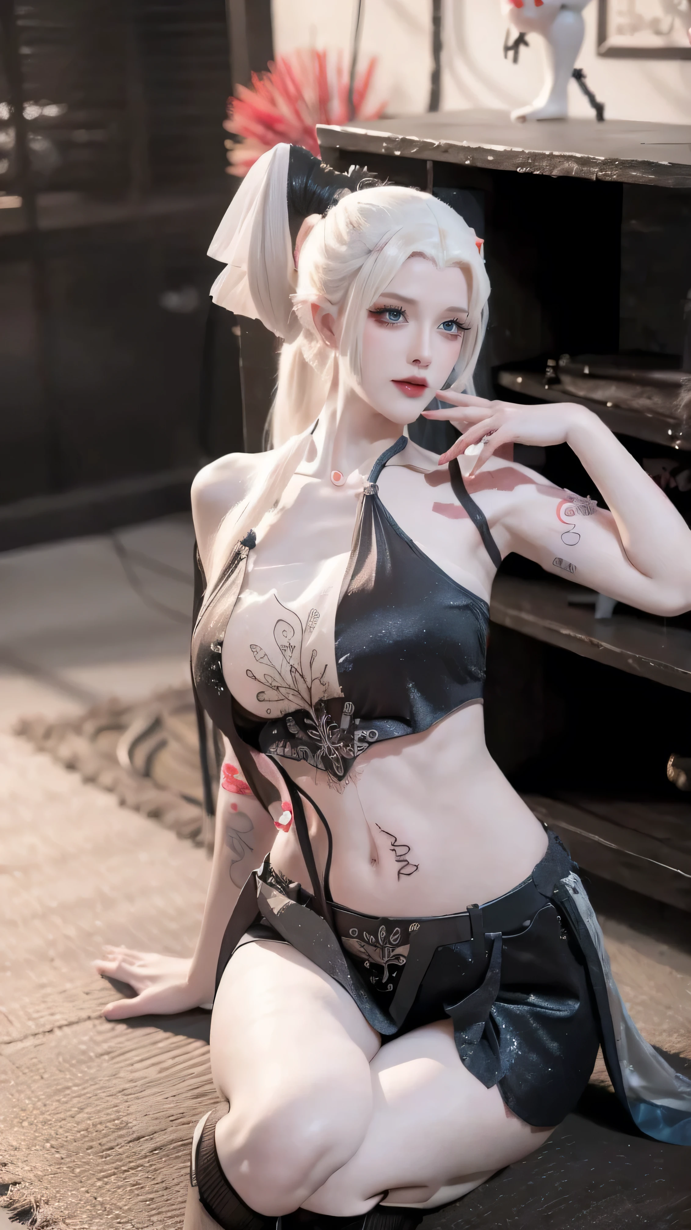 White-haired girl,  High Ponytail Hairstyle , Good Practices,  Big Breasts , Succubus, (((Succubus tattoo on lower abdomen))),  tight low waist ,  shorts, pantyhose, Full body image, Sexy Girls, Have fun and laugh, Shy, Express, There is a heart in the eyes, ( eye detail ), Sexy long legs, Thin waist,  sweat flowing down my waist , ( exposed stomach ), asymmetrical bangs,  Clear Clothes ,  hands on a vertical armrest outside at night , Move your eyes away,  8K resolution on the front,  Raise Brows ,  shiny hair , Flower head, Wrist strap,  bandana((masterpiece,  best quality)),  delicate face, Full body love,  rich in detail ,  various positions and expressions ,  Very detailed, depth,  many parts ， pretty girl ，Light，发Light，Red and Gold，Phoenix Decoration，gauze，Lace，Lacepantyhose， heels，black