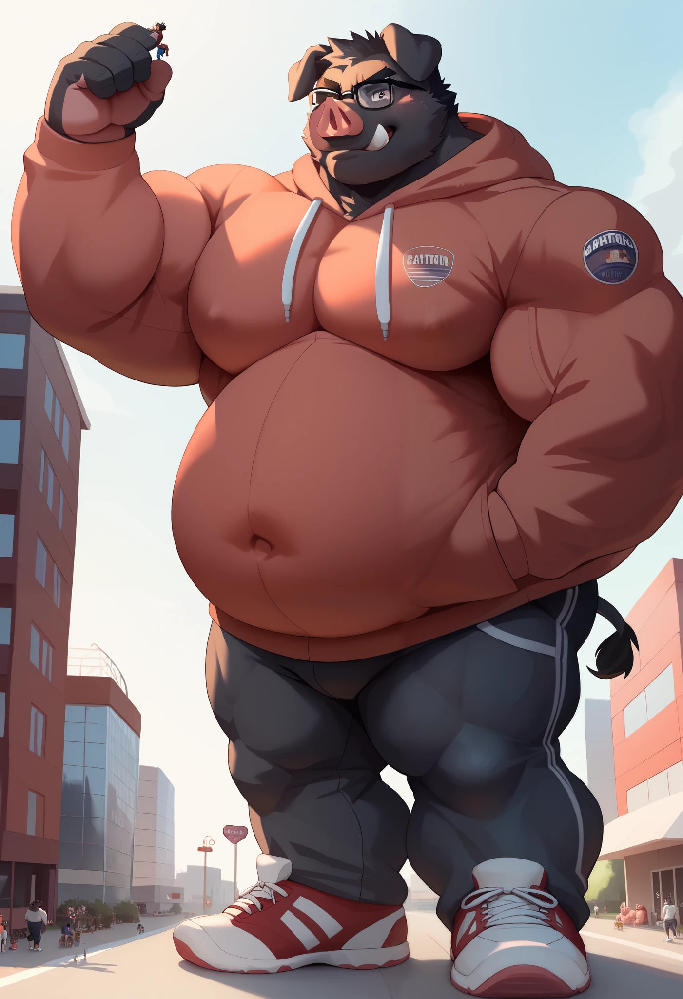 Scribble Pig face,furry(Pig), chubby, big large hyper chubby, big large hyper belly, big strong muscle,( black eyebrows :1.1),(perfect eyes), black fur，alone,（artist:takemoto arashi),（nerd:1.3）， standing, Sneakers，，（Civil :1.3, Hoodie, pants, glasses) Pig(Massiv:3.0, ( heavyweight , strong,Macro, Emphasize, stands next to buildings,)), background((university campus)),