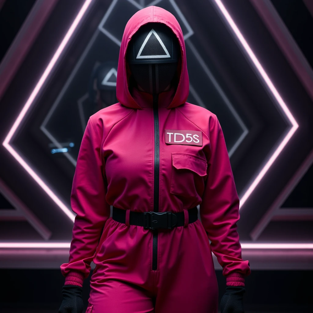  A young woman of athletic appearance with a streamlined and toned body ,  dressed in the red uniform of the soldiers of The Squid Game . She wears the characteristic tight pink jumpsuit with a pink hood and a smooth black mask in the shape of a triangle that covers her entire face., with the letters TD5S ,   The Squid Game as the title of the photo His posture is firm and dominant , holding a symbolic weapon from the series .  The background shows a dark and futuristic setting with geometric shapes and intense colors ,  evoking the tension and mystery of the challenges in the series ."