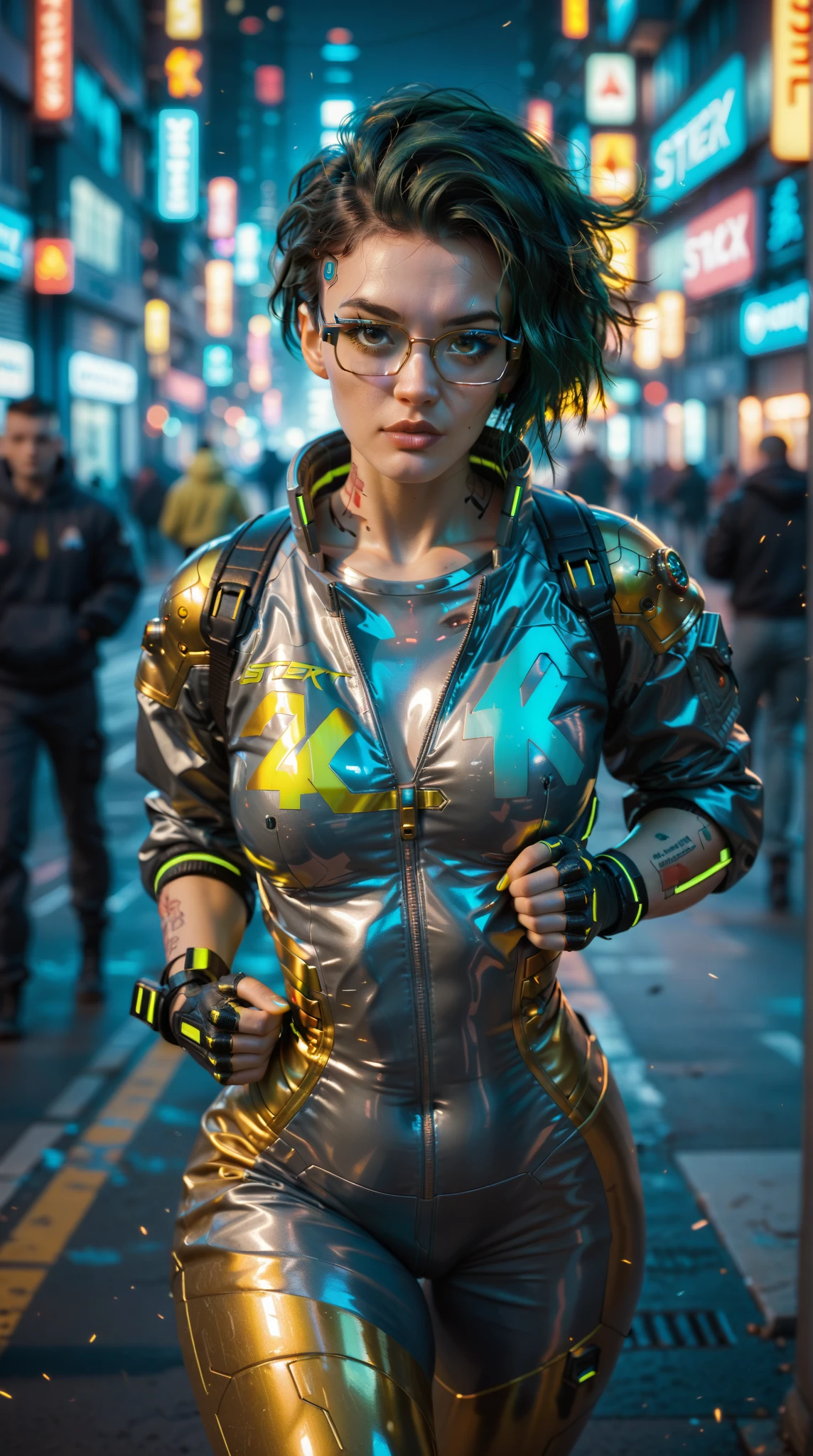 (8k, ARTISTIC photography, best quality, masterpiece: 1.2), (realistic, photorealistic: 1.37), over-detailed, (high-detail skin: 1.2), ((Margot Robbie)) 8k uhd, SLR camera, soft lighting, high quality, film grain, Fujifilm XT3, cinematic lighting, photonic display, brightness, physically rendered photo (cyber punk Goddess with a katana,), beautiful face, ((green hair)) , (hacking console) ((evil smile)), over-detailed face, (((big open eyes))), beautiful body, toned body, (( dressed as futuristic samurai, Gortex bomber jacket, ǍCROŇYM)), (((over-detailed women's clothing))), ((( Gore-Tex clothes )), (((latex yellow Kimono))), posing, on a roof top overlooking a cyberpunk city, Dystopian cityscape (((pure 8K))), (((perfect anatomy))), extremely high-quality graphics, Riddley scott, ghost in the shell, Blade Runner, Denis Villeneuve (((cinematic lighting))), ((clear details)), complex, highly detailed background,