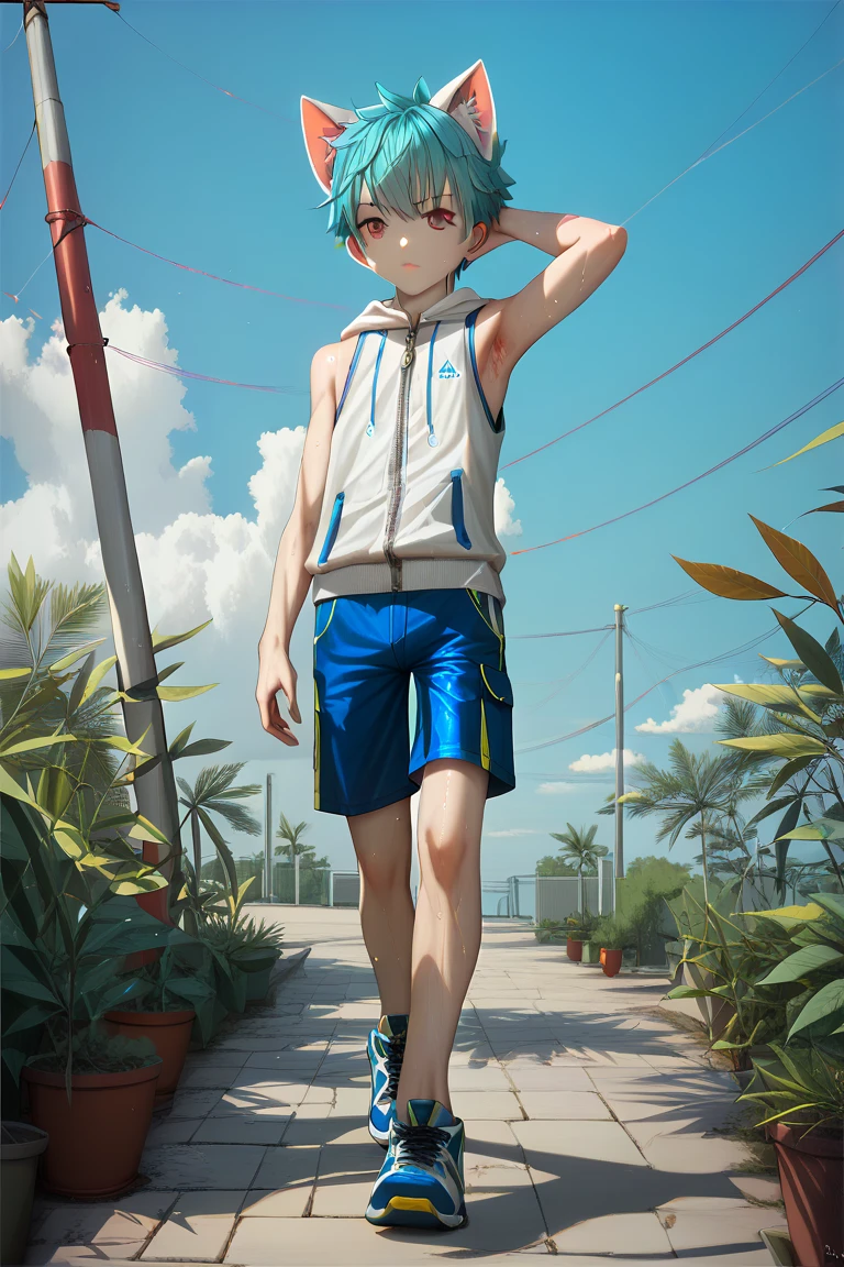 Sweat armpit, full body, walking, young boy, white sleeveless hoodie with zipper, showing armpit, sporty, cyan hair, dark purple eyes, detailed eyes, sky blue short pants, anime, cat ear, SDXL (1:2), detailed, HD