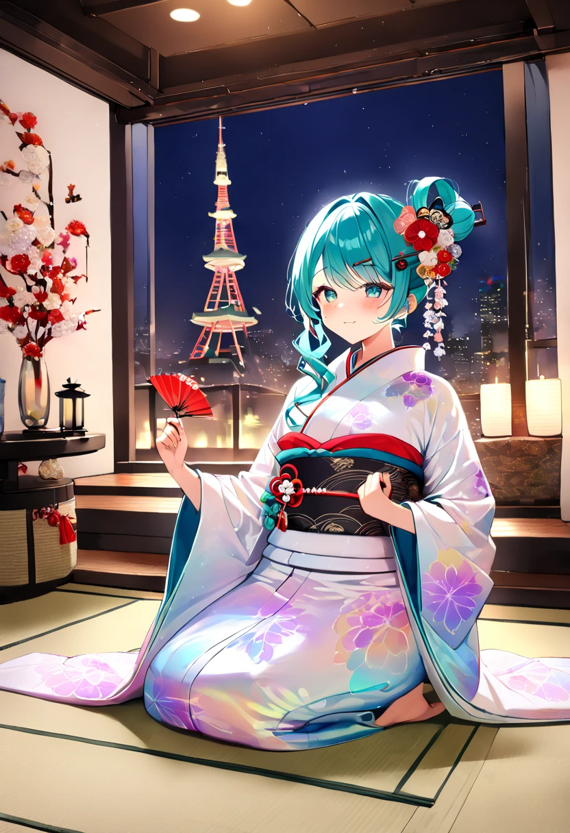 (hatsune miku:1.2), (blush:1.4), (iridescent kimono, wide sleeves:1.4), (kanzashi, japanese hairpin:1.4), (seiza:1.4), (New Year's Eve party:1.4), (luxurious penthouse, indoor rooftop japanese style room, tatami:1.4), (midnight:1.4), 