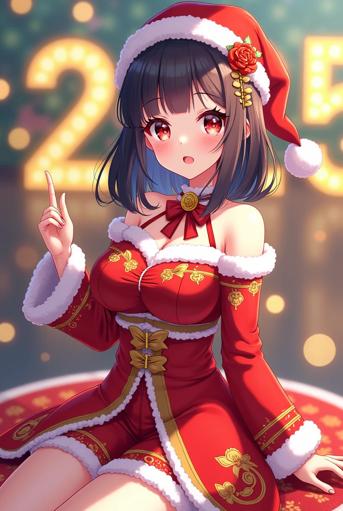 animesque、a beauty girl、santa、Mini skirt、posterior view、Beautiful breasts、A dark-haired、Black eyes glow、ssmile、Crotch opening