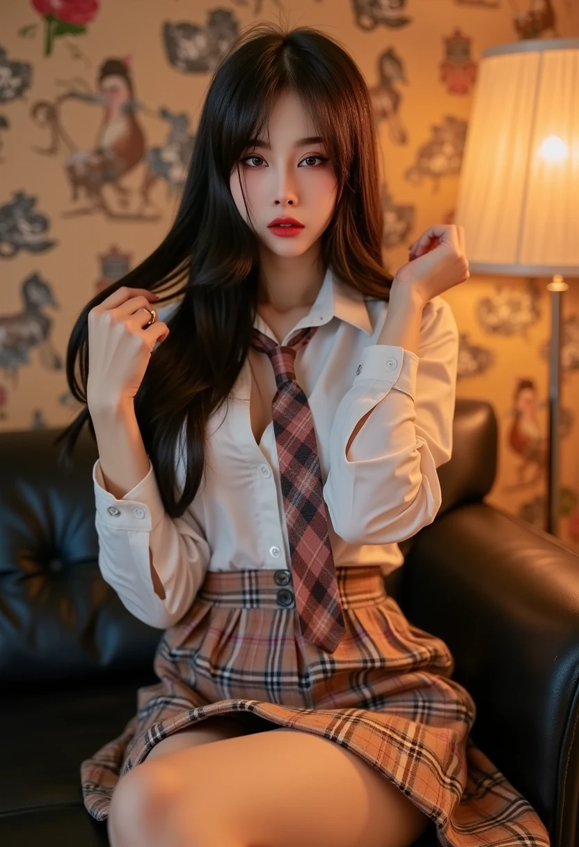 25 year old Korean girl, 4K masterpiece details, deep focus, clear focus, face details, light hits her skin making her stand out (night light), natural breasts, white tight shirt, plaid tie, plaid short pleated skirt, beautiful thighs, sitting in a sexy pose on a sofa, shot from above, full body. Right hand holds hair