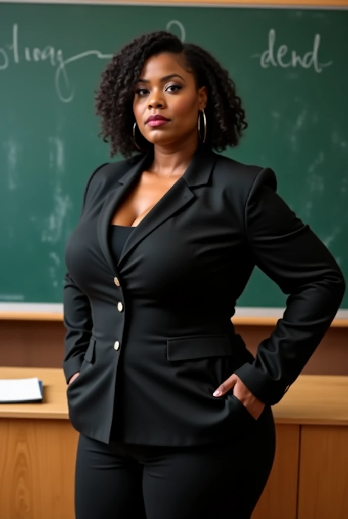 A teacher wearing a blue teacher&#39;s uniform with white stripes with blue jewelry around her body and golden chains on her clothes with her standing in a large classroom full of chairs and she is in front of a board holding a chalkboard with a bow white luver and having blue eyes and having brown hair like her having black skin with her having long and tied up hair she being sitting on the classroom table with her having big and gigantic breasts and huge hips and huge hips and giant and big thighs 