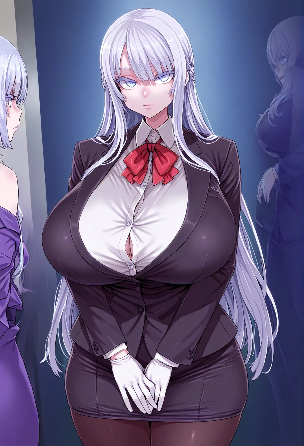 1girl, 2girl, 3girl, 4girl, 5girl, ((multiple_girls)), (translucent), (ghost girl), milf, mature, bishoujo, office lady, waitress, pale_skin, white hair, white eyes, closed_mouth, huge breasts, business_suit, student, school_uniform, expressionless, standing, sexy body, good quality, asanagi, (masterpiece), dark_fantasy, ((elevator))