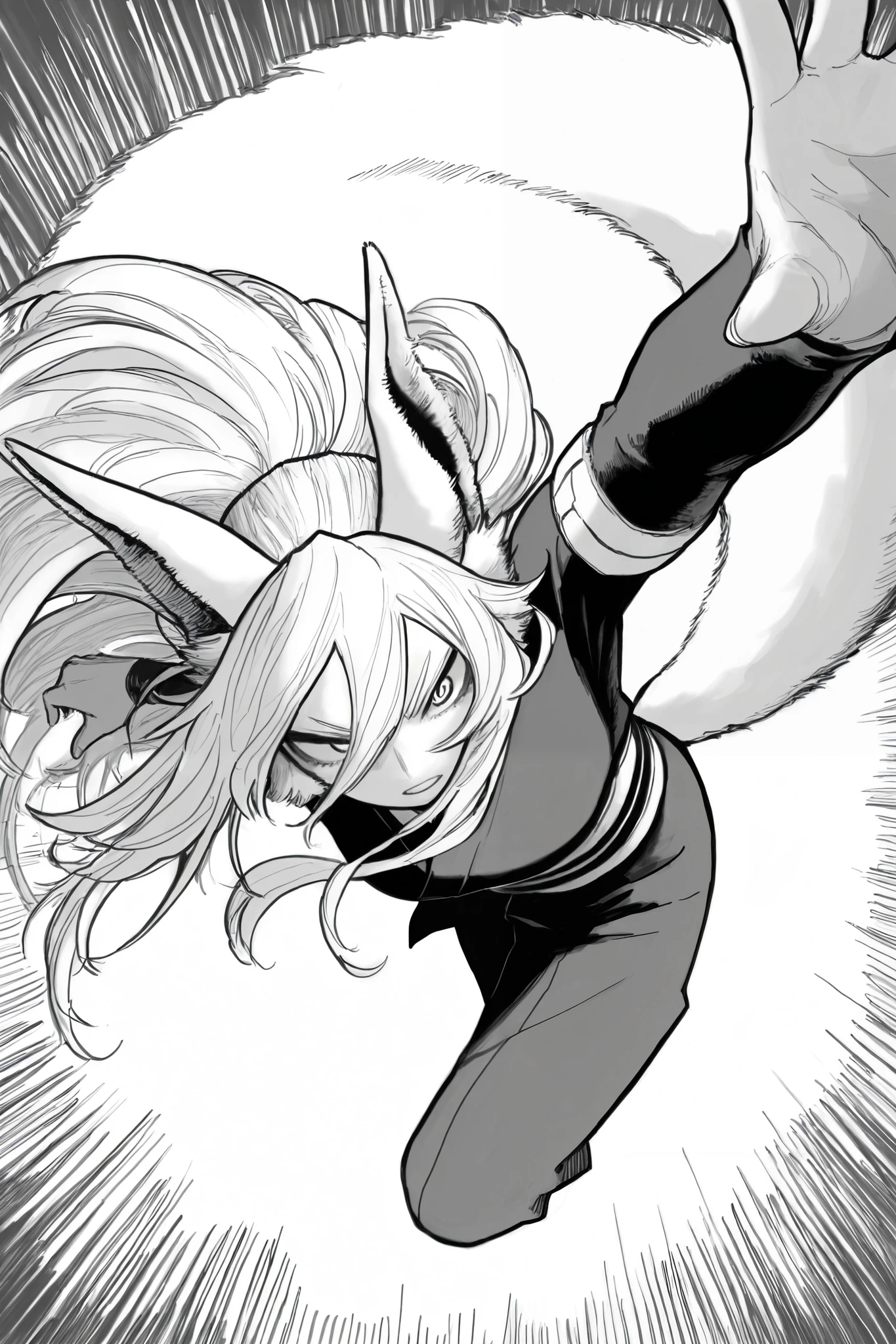 score_9, score_8_up, score_7_up, score_6_up, score_5_up, score_4_up, Kohei Horikoshi, My Hero Academia, kentaro_miura_style, monochrome, greyscale
BREAK
(masterpiece: 1.0), best quality, monochrome, greyscale, crosshatching, directional hatching, gradients in shading, perfection, highly detailed hatching /texture/, extremely shaded
BREAK
1girl, Asian, long detailed hair, dynamic pose, foreshortening, traditional kunoichi armlets, kimono, kitsune, fox ears, fox tail, action pose, high angle shot, 