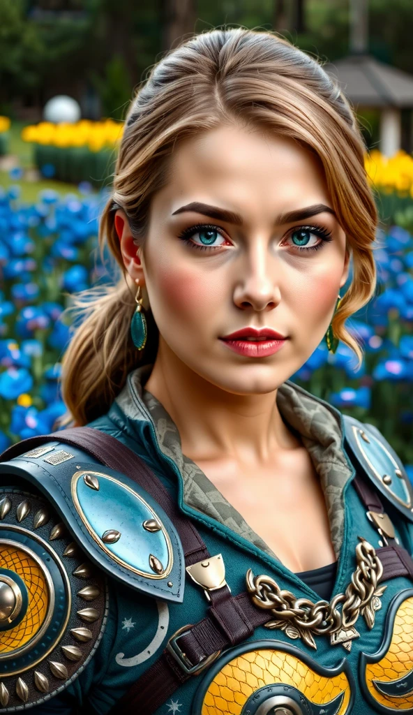 ultra-detailliert,Photorealsitic,photo realistic, dynamic lighting, very detailed faces, 4 k, 1girl, Create a visual representation of a stunning Russian girl with piercing blue eyes, and a sculpted, well-defined body, Seek details that emphasize the purity of the model's blue eyes, reflecting the serenity and depth of her soul. (big breasts),((big breasts)), ((wide hips)), ((thick)),((big thighs)),((big butt )), ((wears emerald armor with yellow pattern)), (chain letter with dragon scale pattern), ((slightly curly brown hair, shoulder-length short hair, personality)), Explore your creativity to create a captivating portrayal of this Russian girl, capturing her essence and beauty in a unique and engaging way, ((beautiful curves, big breasts, seductive curves, sexy girl, voluptuous and sexy, jawline beauty, seductive feminine curves)), ((beautiful curves, big breasts, seductive curves, sexy girl, voluptuous and sexy, jawline beauty, seductive feminine curves)),((soft linen robe printed with ultra-luxurious colorful flowers)),((Bluebonnets flower field in Texas, USA))