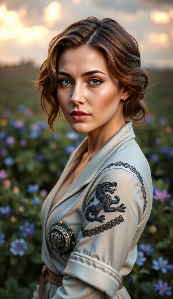 ultra-detailliert,Photorealsitic,photo realistic, dynamic lighting, very detailed faces, 4 k, 1girl, Create a visual representation of a stunning Russian girl with piercing blue eyes, and a sculpted, well-defined body, Seek details that emphasize the purity of the model's blue eyes, reflecting the serenity and depth of her soul. (big breasts),((big breasts)), ((wide hips)), ((thick)),((big thighs)),((big butt )), ((wears emerald armor with yellow pattern)), (chain letter with dragon scale pattern), ((slightly curly brown hair, shoulder-length short hair, personality)), Explore your creativity to create a captivating portrayal of this Russian girl, capturing her essence and beauty in a unique and engaging way, ((beautiful curves, big breasts, seductive curves, sexy girl, voluptuous and sexy, jawline beauty, seductive feminine curves)), ((beautiful curves, big breasts, seductive curves, sexy girl, voluptuous and sexy, jawline beauty, seductive feminine curves)),((soft linen robe printed with ultra-luxurious colorful flowers)),((Bluebonnets flower field in Texas, USA))